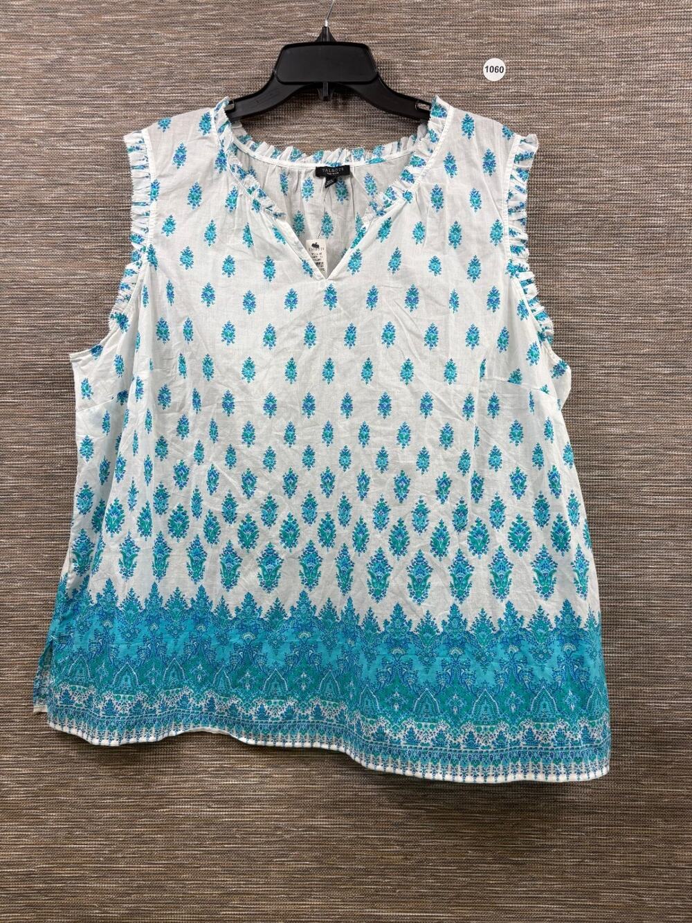 Talbots Petite Sleeveless Blouse White Teal Print Ruffles Cotton Size 3XP NEW